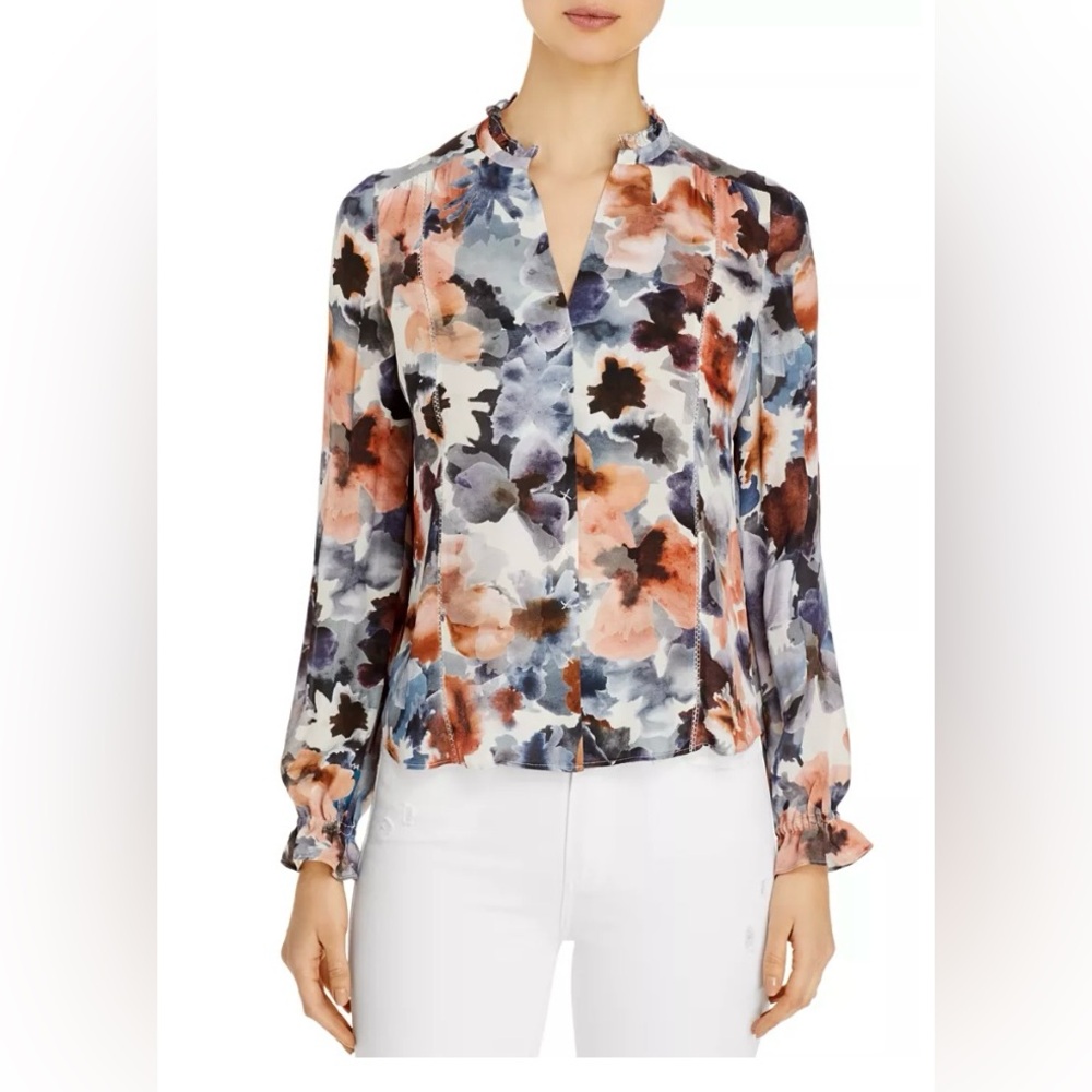 Go by Go Silk Ruffle-Neck Floral-Print Silk Blouse‎ Women’s XL Blue and Orange